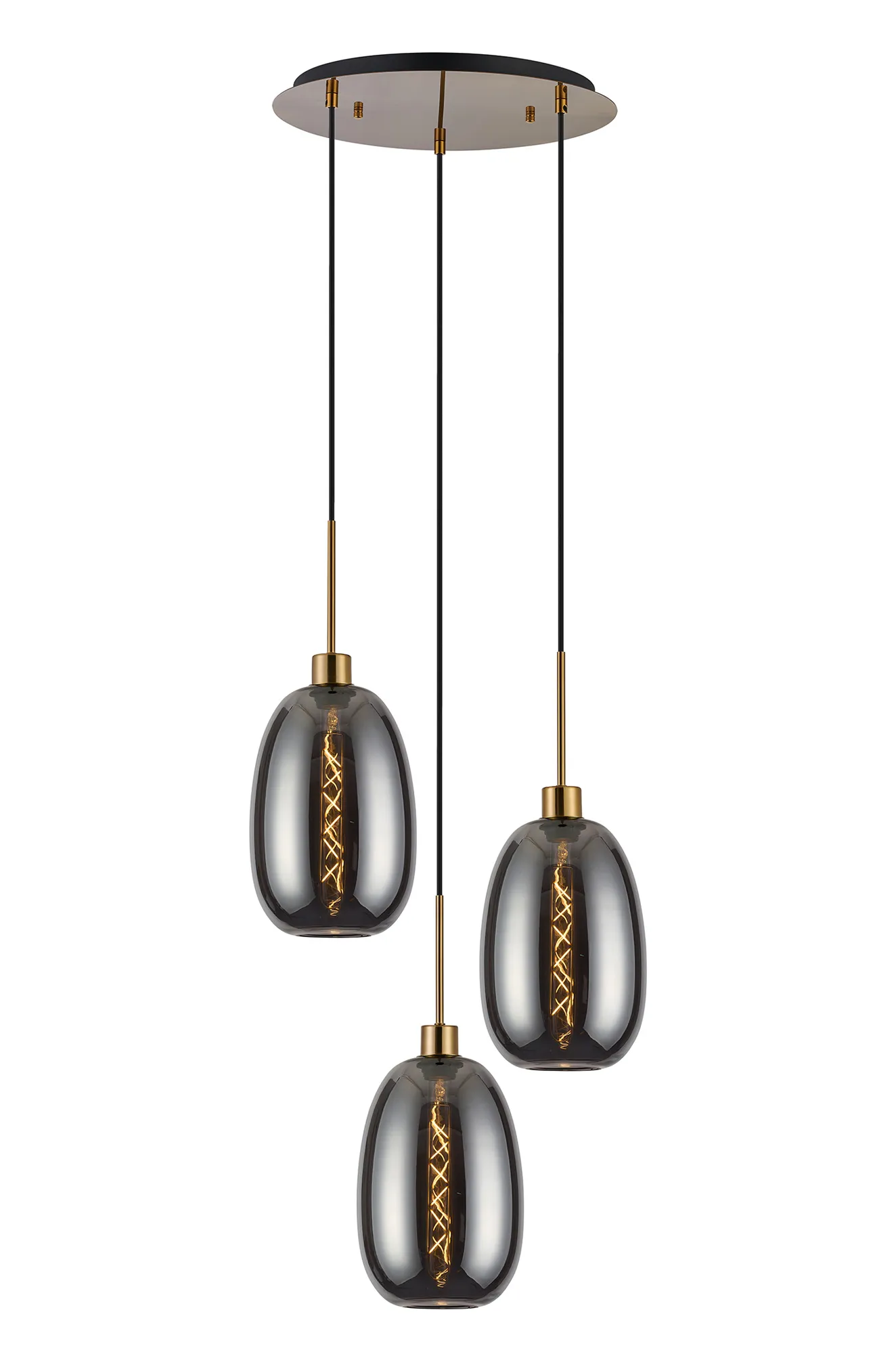 DK1185  Lori cm Round Pendant, 3 Light Adjustable E27, Antique Gold/Smoke Slim Curved Trapezium Shades